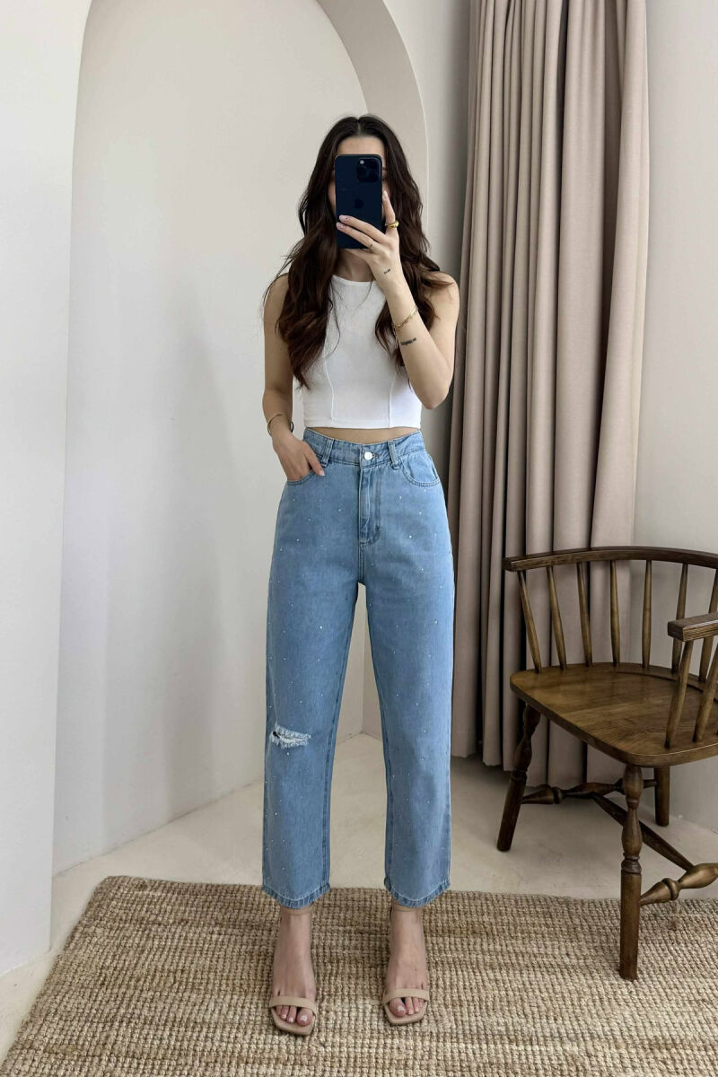 SEMI ELASTIC WAIST DIAMOND DETAILS WOMEN JEANS LIGHTBLUE/BZ - 6
