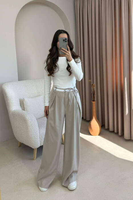 SEMI ELASTIC WAIST & LACING WOMEN TROUSERS BEIGE/BEZHE 