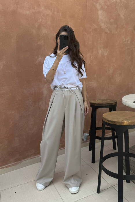 SEMI ELASTIC WAIST & LACING WOMEN TROUSERS BEIGE/BEZHE - 4