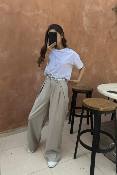 SEMI ELASTIC WAIST & LACING WOMEN TROUSERS BEIGE/BEZHE - 6