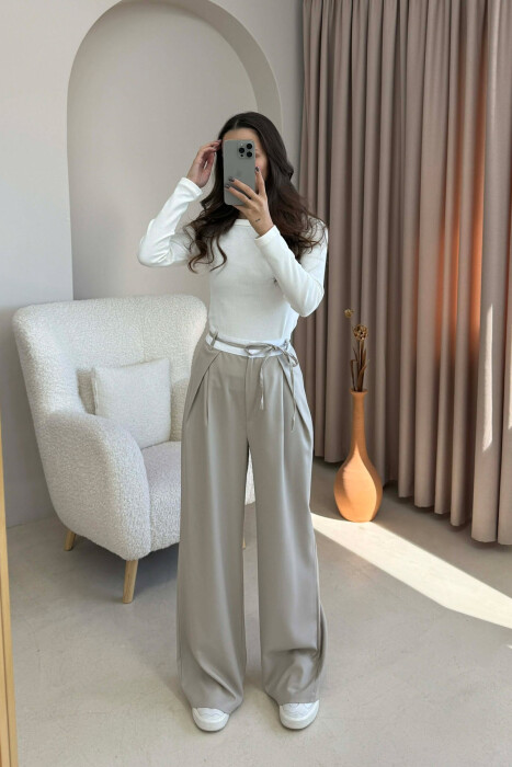 SEMI ELASTIC WAIST & LACING WOMEN TROUSERS BEIGE/BEZHE - 2