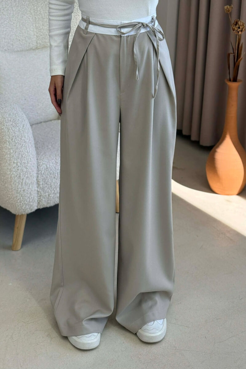 SEMI ELASTIC WAIST & LACING WOMEN TROUSERS BEIGE/BEZHE - 3