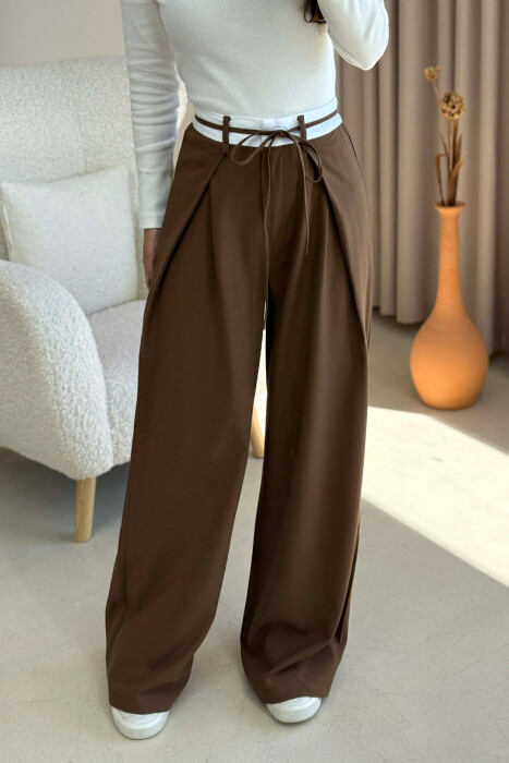 SEMI ELASTIC WAIST & LACING WOMEN TROUSERS BROWN/KAFE 
