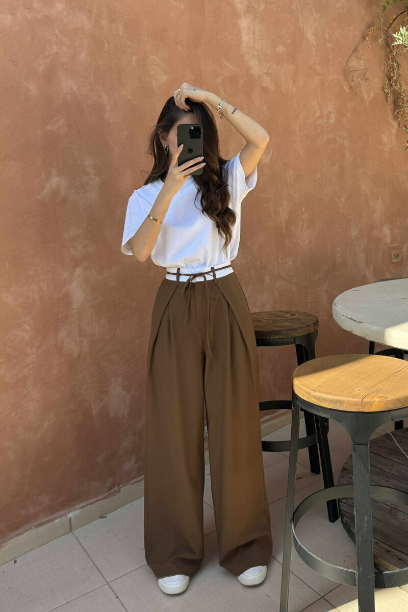 SEMI ELASTIC WAIST & LACING WOMEN TROUSERS BROWN/KAFE - 5