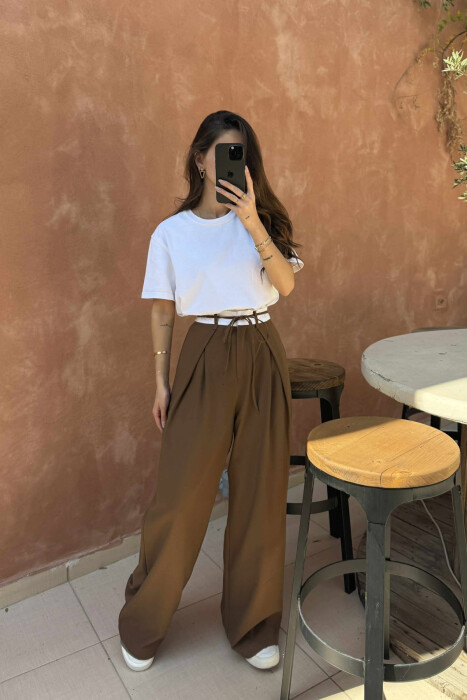 SEMI ELASTIC WAIST & LACING WOMEN TROUSERS BROWN/KAFE - 6