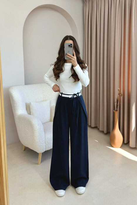 PANTALLONA ME BEL GJYSËM ELASTIK & LIDHËSE PËR FEMRA NË NGJYRËN BLU TË ERRËT - KLAUDIO FASHION