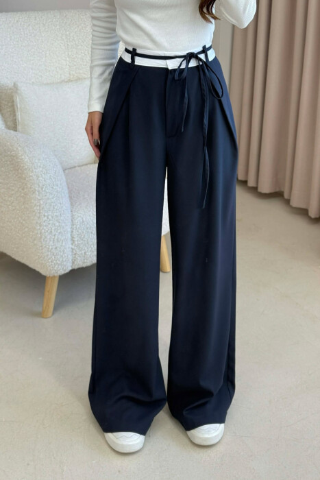 SEMI ELASTIC WAIST & LACING WOMEN TROUSERS DARK BLUE/BEE 