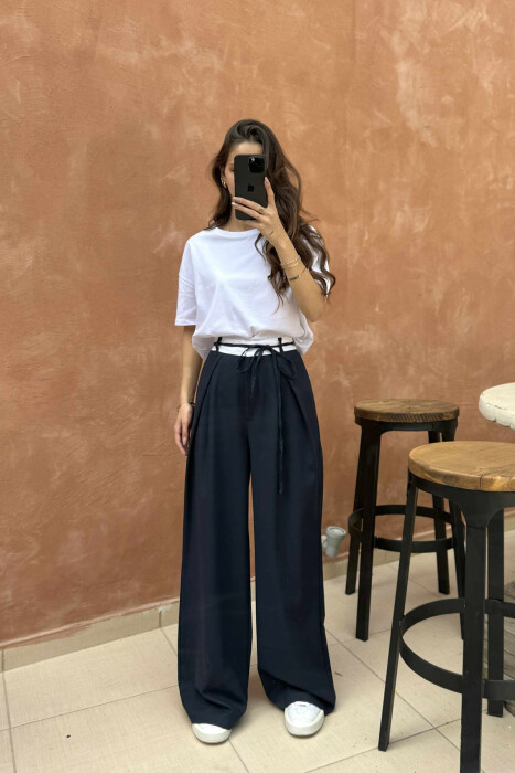 SEMI ELASTIC WAIST & LACING WOMEN TROUSERS DARK BLUE/BEE - 6