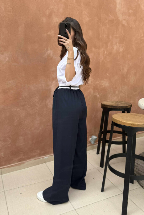 SEMI ELASTIC WAIST & LACING WOMEN TROUSERS DARK BLUE/BEE - 7