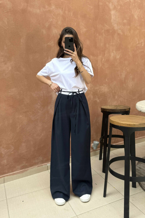 SEMI ELASTIC WAIST & LACING WOMEN TROUSERS DARK BLUE/BEE - 8