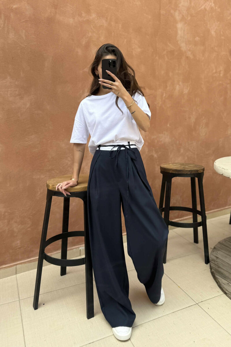 SEMI ELASTIC WAIST & LACING WOMEN TROUSERS DARK BLUE/BEE - 9