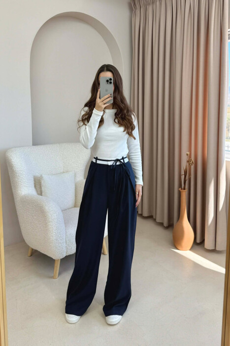 SEMI ELASTIC WAIST & LACING WOMEN TROUSERS DARK BLUE/BEE - 4
