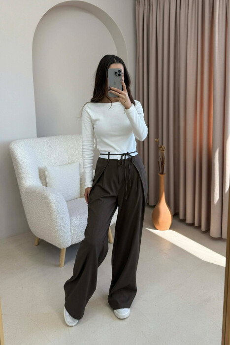 PANTALLONA ME BEL GJYSËM ELASTIK & LIDHËSE PËR FEMRA NË NGJYRËN KAFE TË ERRËT - KLAUDIO FASHION