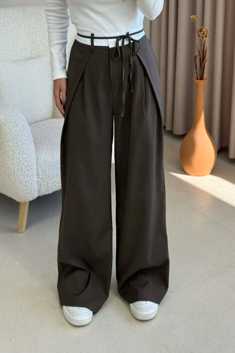 SEMI ELASTIC WAIST & LACING WOMEN TROUSERS DARK BROWN/KAE 