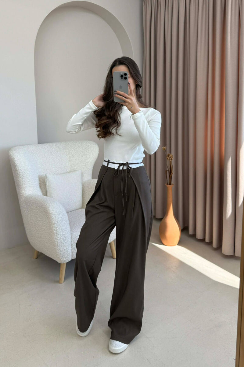 SEMI ELASTIC WAIST & LACING WOMEN TROUSERS DARK BROWN/KAE - 2