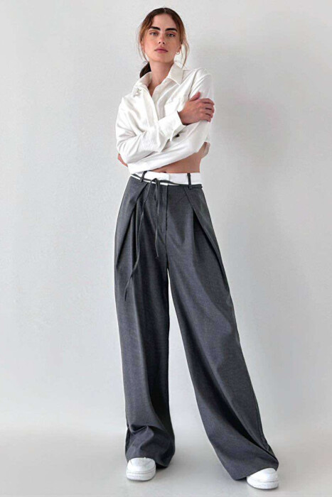 SEMI ELASTIC WAIST & LACING WOMEN TROUSERS IN GREY COLOR 