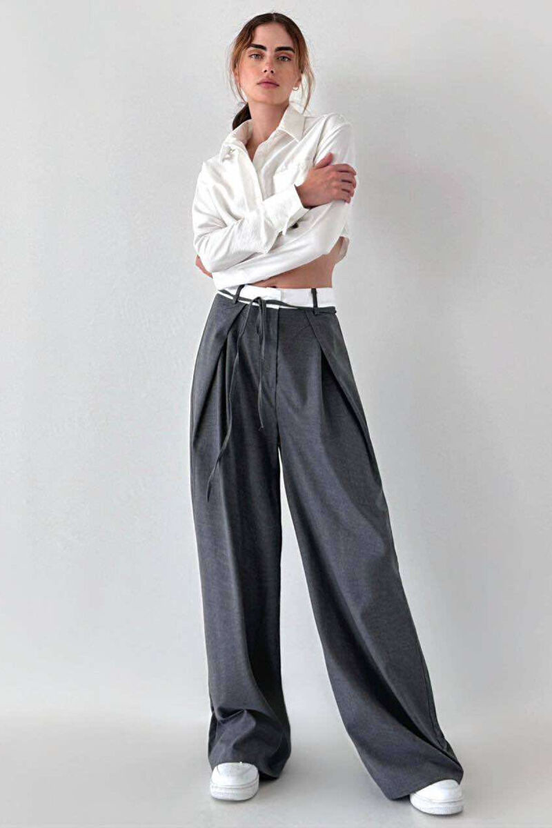 SEMI ELASTIC WAIST & LACING WOMEN TROUSERS GREY/GRI - 1