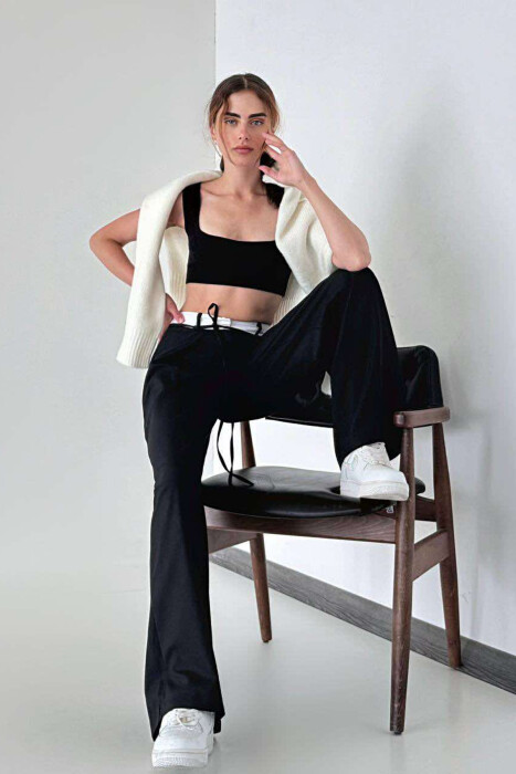 SEMI ELASTIC WAIST & LACING WOMEN TROUSERS IN BLACK COLOR 