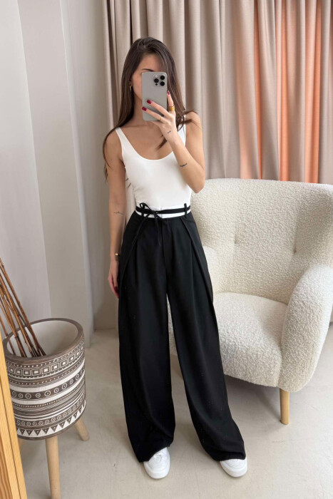 SEMI ELASTIC WAIST & LACING WOMEN TROUSERS IN BLACK COLOR 