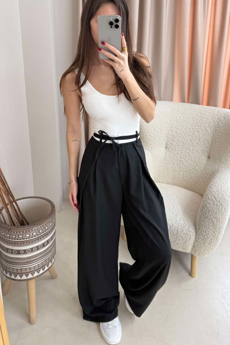 SEMI ELASTIC WAIST & LACING WOMEN TROUSERS IN BLACK COLOR - 2