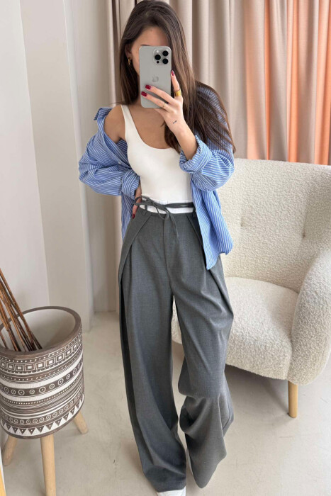 SEMI ELASTIC WAIST & LACING WOMEN TROUSERS IN GREY COLOR 