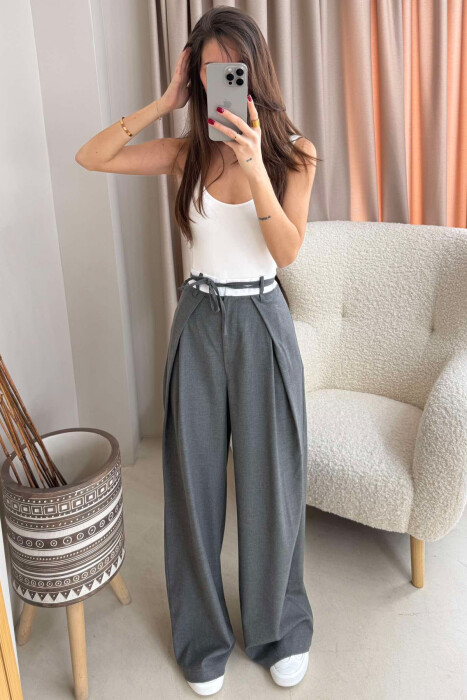 SEMI ELASTIC WAIST & LACING WOMEN TROUSERS IN GREY COLOR - 3