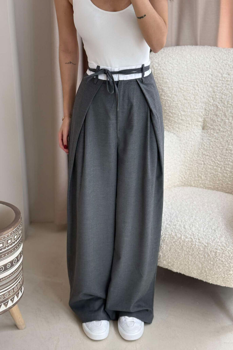 SEMI ELASTIC WAIST & LACING WOMEN TROUSERS IN GREY COLOR - 5