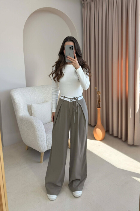 PANTALLONA ME BEL GJYSËM ELASTIK & LIDHËSE PËR FEMRA NË NGJYRË ULLI - KLAUDIO FASHION