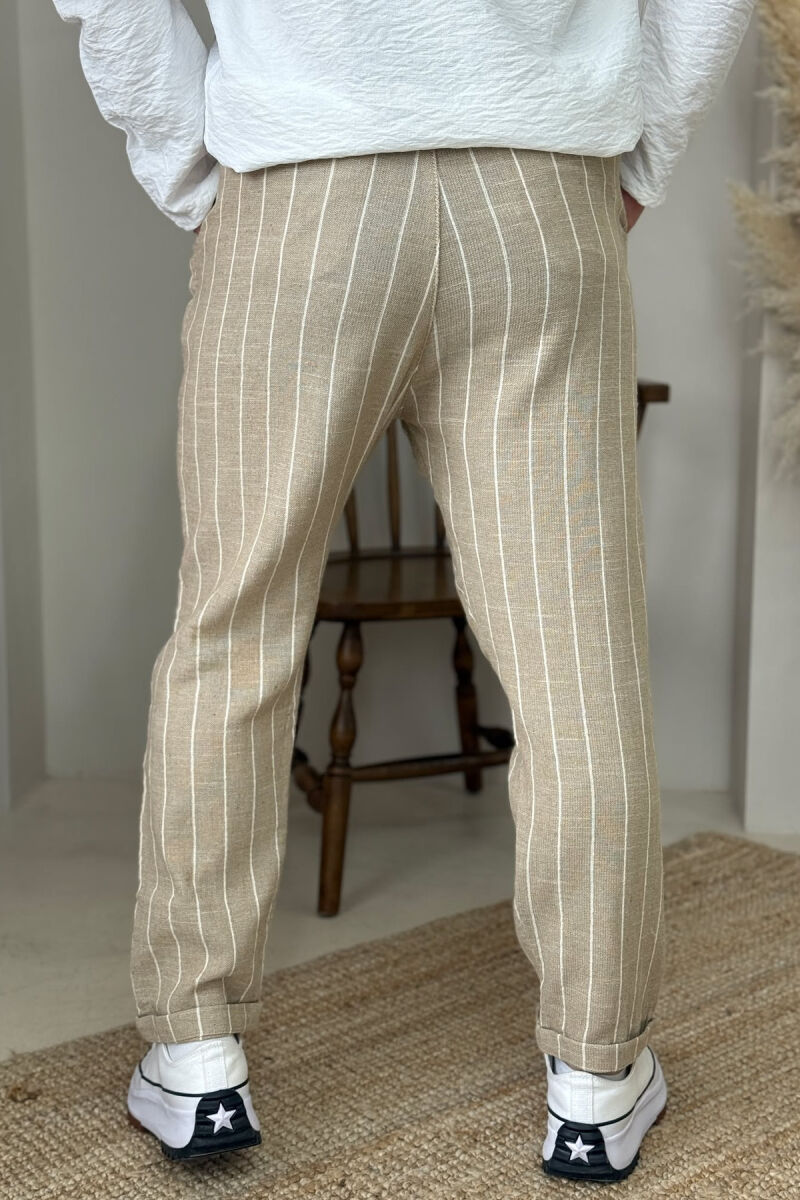 SEMI ELASTIC WAIST LACINGS STRIPES MEN PANTS BEIGE/BEZHE - 3