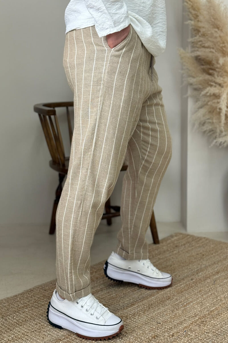 SEMI ELASTIC WAIST LACINGS STRIPES MEN PANTS BEIGE/BEZHE - 4
