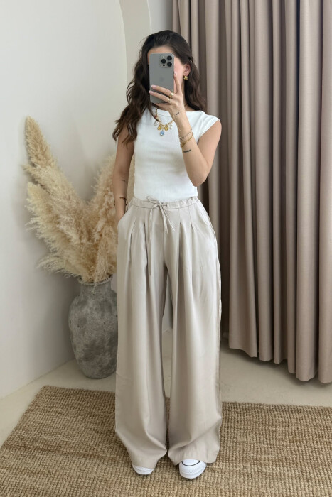 SEMI ELASTIC WAIST LACINGS WOMEN TROUSERS BEIGE/BEZHE 