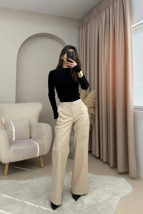 SEMI ELASTIC WAIST LEATHER WOMEN TROUSERS CREAM/KREM - KLAUDIO FASHION
