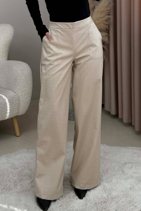 SEMI ELASTIC WAIST LEATHER WOMEN TROUSERS CREAM/KREM - KLAUDIO FASHION