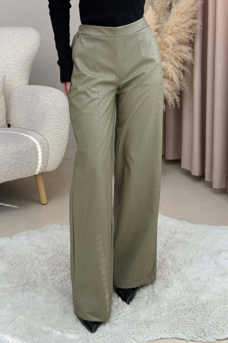 SEMI ELASTIC WAIST LEATHER WOMEN TROUSERS OLIVE/ULLI 