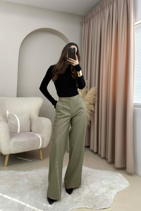 SEMI ELASTIC WAIST LEATHER WOMEN TROUSERS OLIVE/ULLI - 2