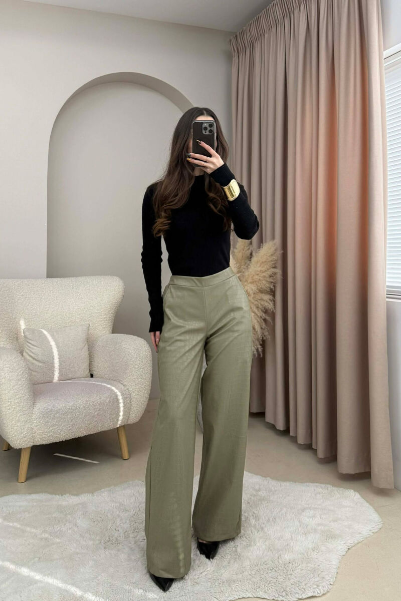 SEMI ELASTIC WAIST LEATHER WOMEN TROUSERS OLIVE/ULLI - 4