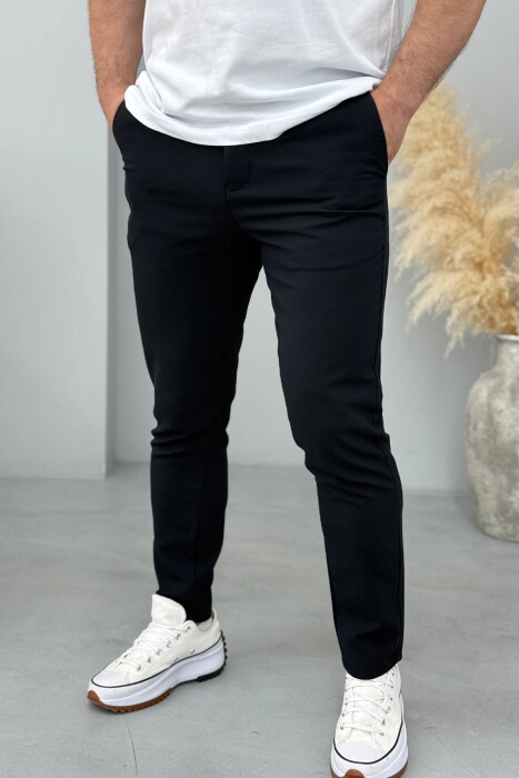 SEMI ELASTIC WAIST ONE COLOR MEN PANTS DARK BLUE/BEE - 1