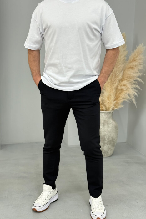 SEMI ELASTIC WAIST ONE COLOR MEN PANTS DARK BLUE/BEE - 3