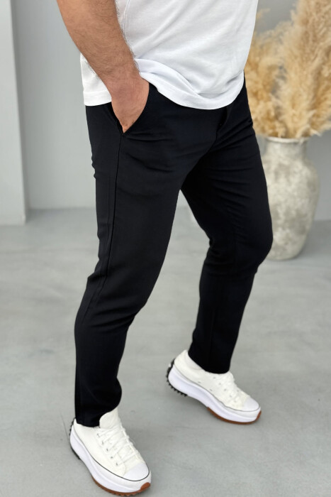 SEMI ELASTIC WAIST ONE COLOR MEN PANTS DARK BLUE/BEE - 4