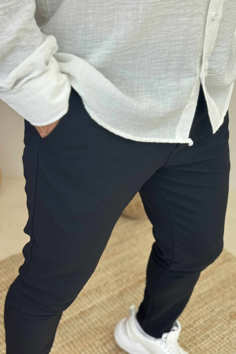 SEMI ELASTIC WAIST ONE COLOR MEN PANTS DARK BLUE/BEE - 2