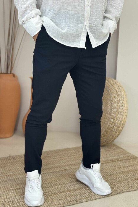 SEMI ELASTIC WAIST ONE COLOR MEN PANTS DARK BLUE/BEE - 3
