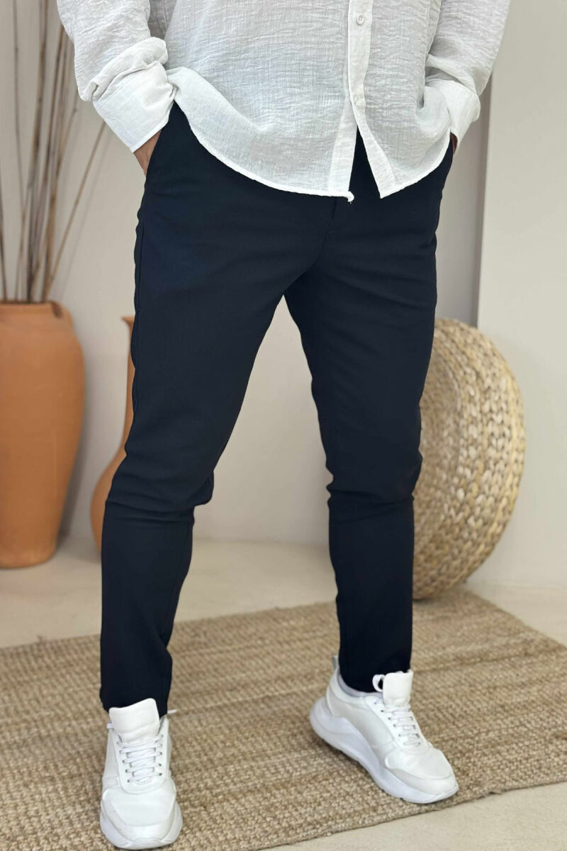 SEMI ELASTIC WAIST ONE COLOR MEN PANTS DARK BLUE/BEE - 3