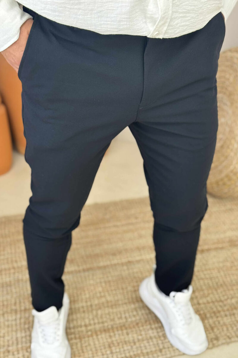 SEMI ELASTIC WAIST ONE COLOR MEN PANTS DARK BLUE/BEE - 4