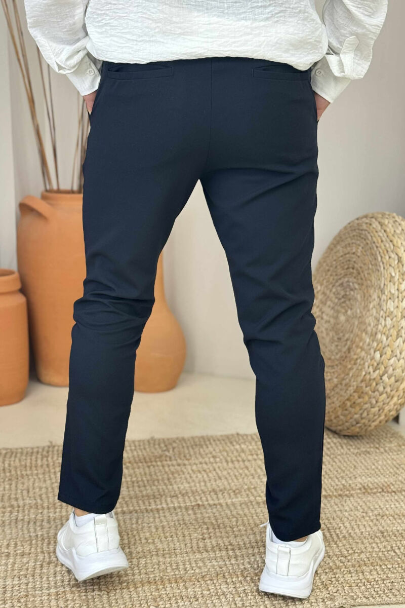 SEMI ELASTIC WAIST ONE COLOR MEN PANTS DARK BLUE/BEE - 5