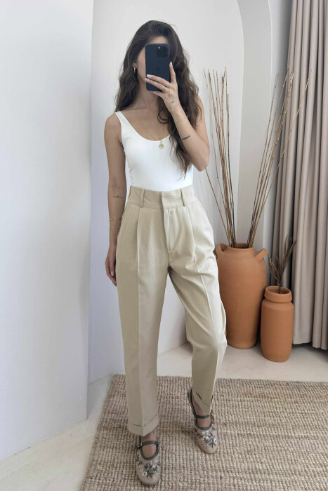 SEMI ELASTIC WAIST ONE COLOR WOMEN TROUSERS BEIGE/BEZHE 