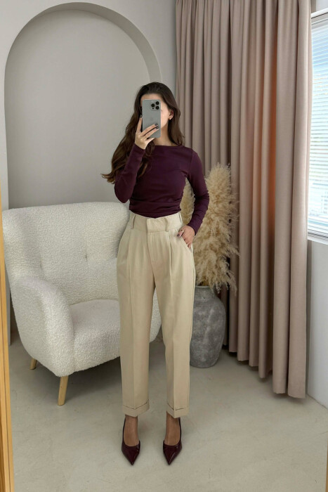 SEMI ELASTIC WAIST ONE COLOR WOMEN TROUSERS BEIGE/BEZHE 