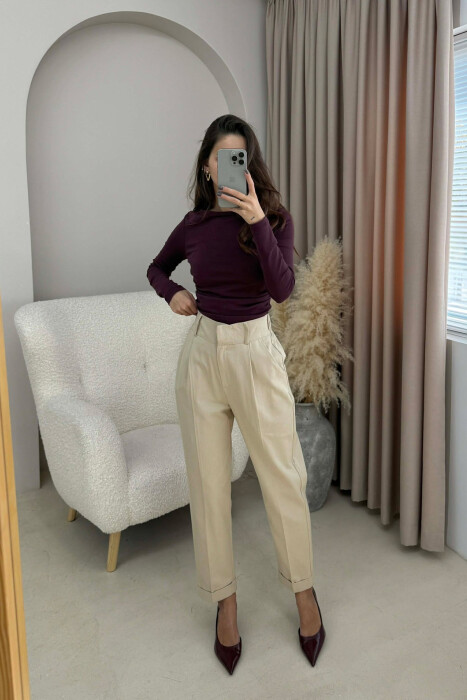 SEMI ELASTIC WAIST ONE COLOR WOMEN TROUSERS BEIGE/BEZHE - 2