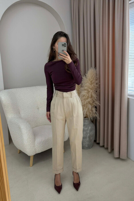SEMI ELASTIC WAIST ONE COLOR WOMEN TROUSERS BEIGE/BEZHE - 3