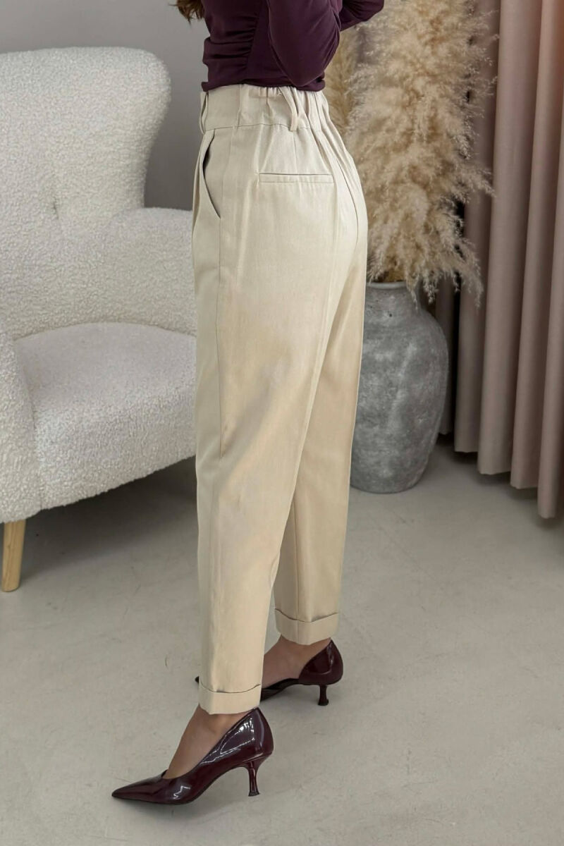 SEMI ELASTIC WAIST ONE COLOR WOMEN TROUSERS BEIGE/BEZHE - 4