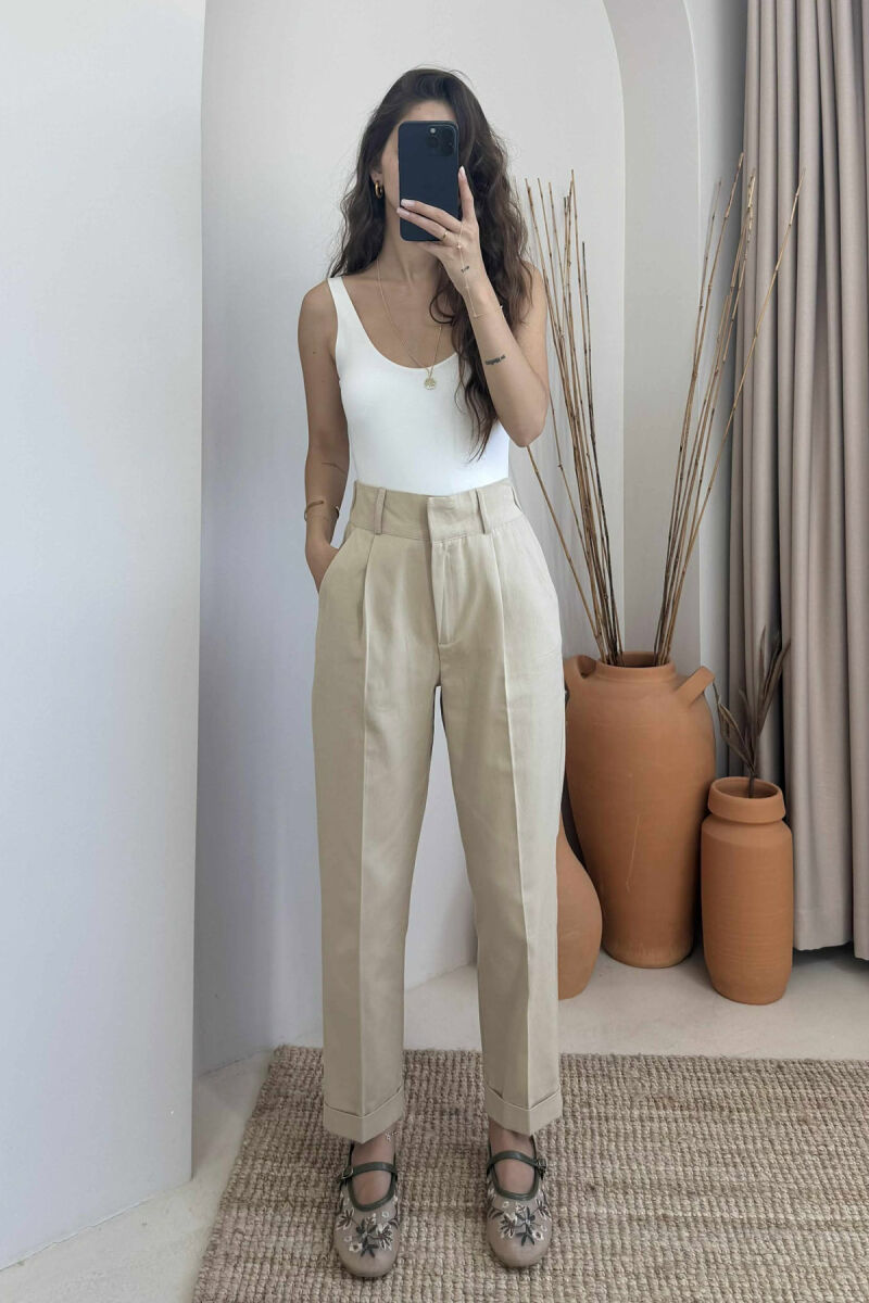 SEMI ELASTIC WAIST ONE COLOR WOMEN TROUSERS BEIGE/BEZHE - 2